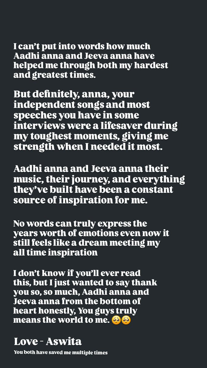 aswita27's tweet photo. Just wanted to share my emotions here there’s so much more I want to say, but I don’t want to bore you with reading this anna🥺🥺

 I don’t know if you’ll ever see this but thank you from the bottom of my heart, Aadhi na and Jeeva na You truly mean the world to me @hiphoptamizha https://t.co/NsEcn9DqIk