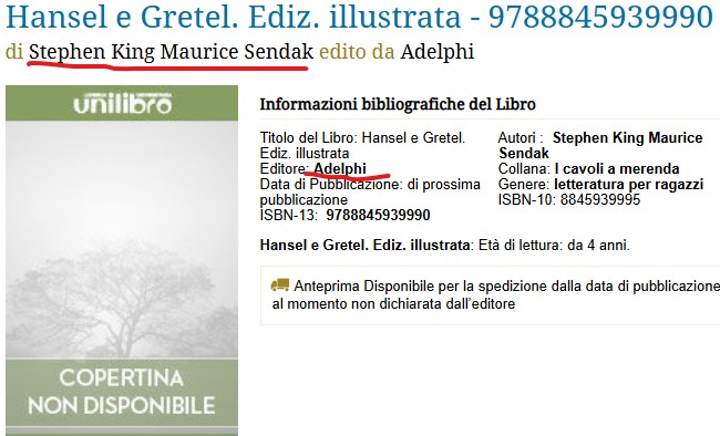 RagusaMaurizio's tweet image. 🥳 TOP NEWS (confermata su "la Repubblica")
#Adelphi porterà a fine anno in Italia l'edizione illustrata della fiaba di Hansel e Gretel reinterpretata da #StephenKing!