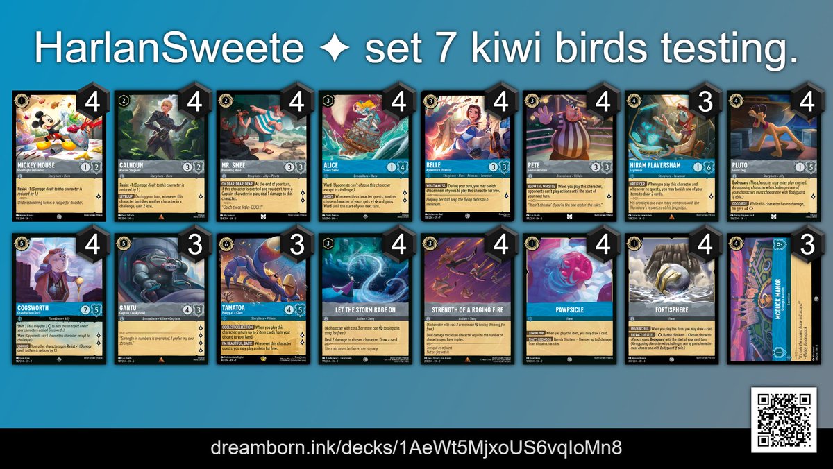 This is where I have got in testing with set 7 kiwi. Of course John Silver is good but just cut right now for a lil testing room.

Other cards we have looked at is Glean to give you some burn after red decks reset the board.

Belle is just good value and will slot into any BSdeck