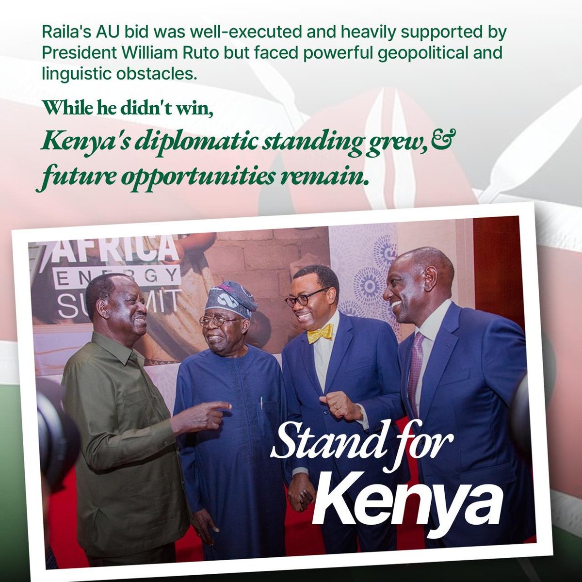 DKKinuthia's tweet photo. As we take stock of the AUC elections and the subsequent results, it is also necessary to remind ourselves that Rt.Hon Raila Odinga's candidacy was not just an election bid but it also positioned Kenya as a force to reckon with.
This is why we remain and #StandForKenya https://t.co/UK9wh4Y71M