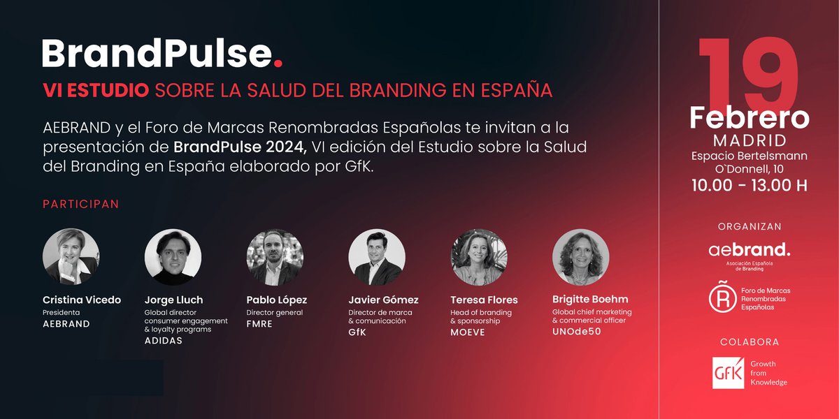 Foro de Marcas Renombradas Españolas (@brandsofspain) on Twitter photo Hoy estamos en el <a href="/e_bertelsmann/">Espacio Bertelsmann</a> junto a <a href="/AebrandORG/">AEBRAND | Asociación Española de Branding</a> y <a href="/GfK_Spain/">GfK - An NIQ company (Spain)</a> para presentar #BrandPulse2024, el VI Estudio sobre la Salud del Branding en España. Sigue este hilo para conocer todos los detalles 👇 Hoy estamos en el <a href="/e_bertelsmann/">Espacio Bertelsmann</a> junto a <a href="/AebrandORG/">AEBRAND | Asociación Española de Branding</a> y <a href="/GfK_Spain/">GfK - An NIQ company (Spain)</a> para presentar #BrandPulse2024, el VI Estudio sobre la Salud del Branding en España. Sigue este hilo para conocer todos los detalles 👇