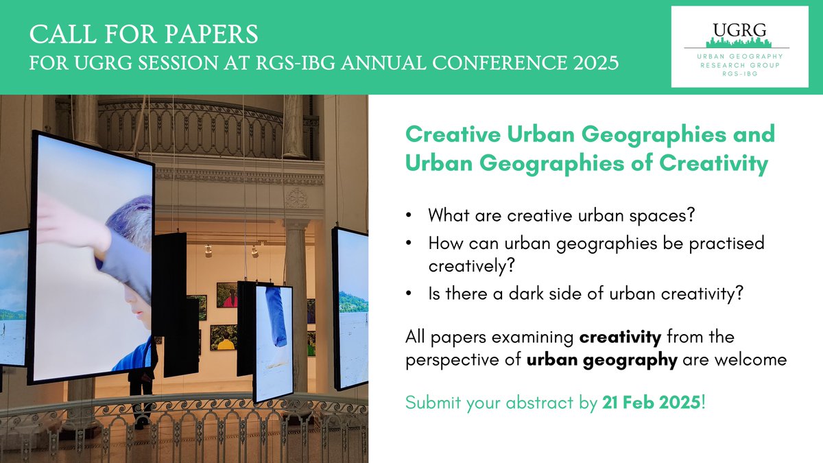 UGRG (@ugrgrgs) on Twitter photo Deadline 21 February! Are you investigating creative urbanism or researching urban geography creatively? If so, we want to hear from you! Join our session at #RGSIBG25 <a href="/GeogBham/">Geography Birmingham</a> for some creative discussions together!
Submit your abstract by 21 Feb 2025: tinyurl.com/46berhbu Deadline 21 February! Are you investigating creative urbanism or researching urban geography creatively? If so, we want to hear from you! Join our session at #RGSIBG25 <a href="/GeogBham/">Geography Birmingham</a> for some creative discussions together!
Submit your abstract by 21 Feb 2025: tinyurl.com/46berhbu