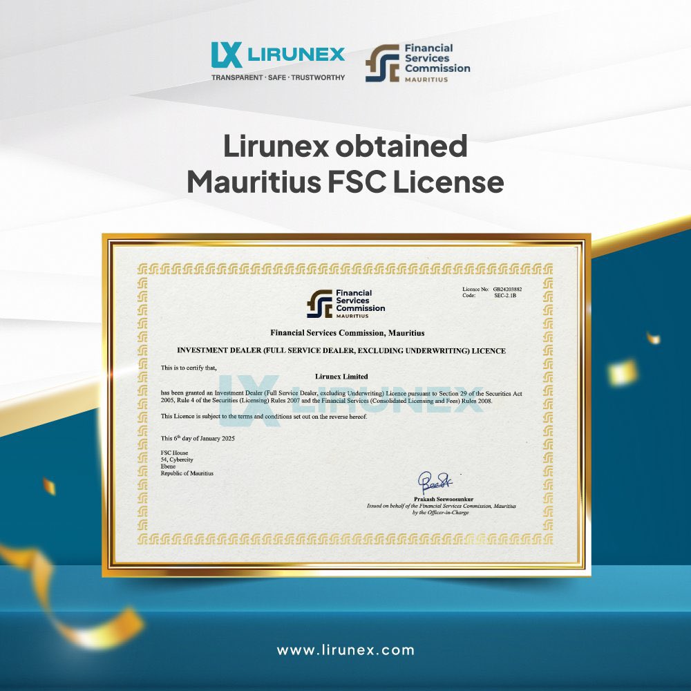 Lirunex has secured a Mauritius FSC license, reinforcing our commitment to a safe and reliable trading environment!

#Lirunex #Mauritius #FSC #SecureTrading #Forex