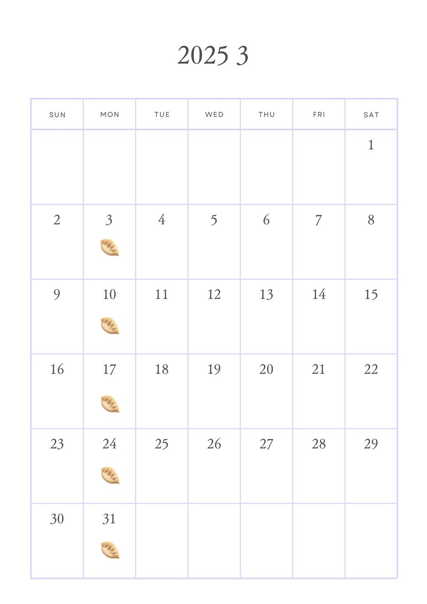 BARTHEGYO's tweet image. 3月営餃日カレンダー🗓️
🥟＝お休み