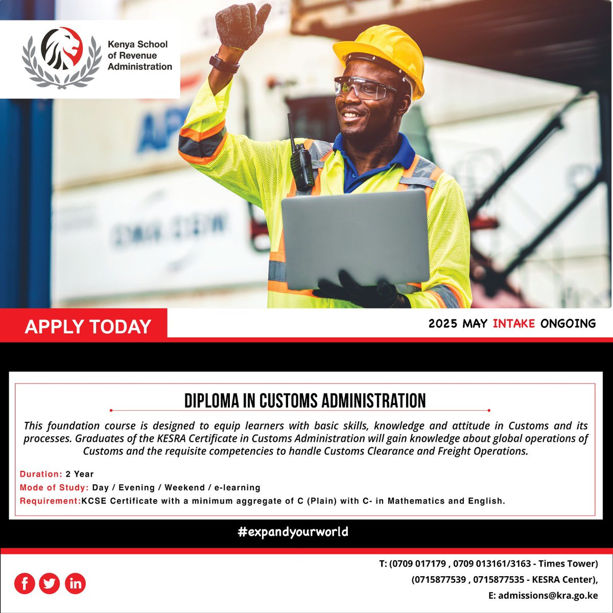 Ever wondered what it takes to manage international trade and customs operations?

Join KESRA’s Diploma in Customs Administration and gain the expertise needed in customs processes, trade facilitation, and border management.

✅ May 2025 intake ongoing
✅ Minimum entry grade: C