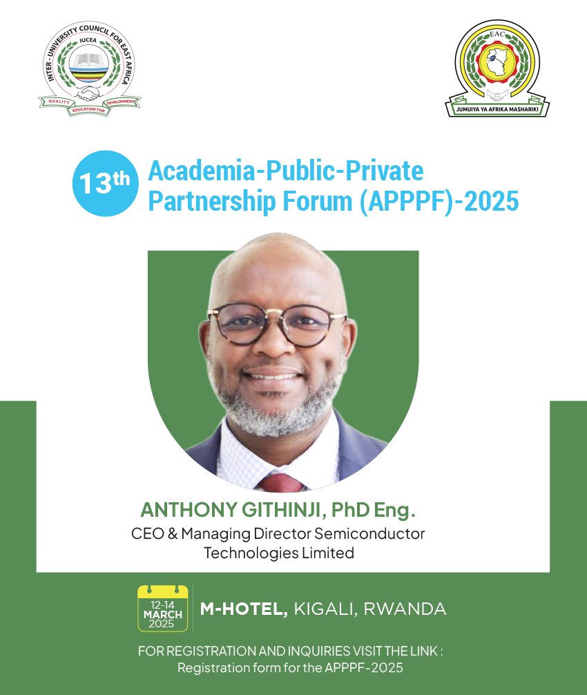 IUCEA (@iucea_info) on Twitter photo Dr. Anthony Githinji stands at the forefront of innovation in the semiconductor industry, and we are thrilled to announce him as the keynote speaker for the highly anticipated APPPF slated for March 12-14, 2025, in Kigali, Rwanda.<a href="/stl_ke/">Semiconductor Technologies Limited (STL)</a>
#APPPF2025 Dr. Anthony Githinji stands at the forefront of innovation in the semiconductor industry, and we are thrilled to announce him as the keynote speaker for the highly anticipated APPPF slated for March 12-14, 2025, in Kigali, Rwanda.<a href="/stl_ke/">Semiconductor Technologies Limited (STL)</a>
#APPPF2025