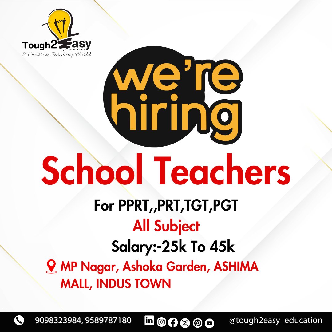 tough2easy's tweet photo. We’re Hiring! Tough2Easy Education is seeking passionate teachers for PPRT, PRT, TGT, and PGT across all subjects. MP Nagar, Ashoka Garden, Ashima Mall, Indus Town📞 Contact: 9098323984 / 9589787180
#WeAreHiring #TeacherJobs #Education #Tough2EasyEducation #TeachingOpportunity https://t.co/a2JoXvGJvB