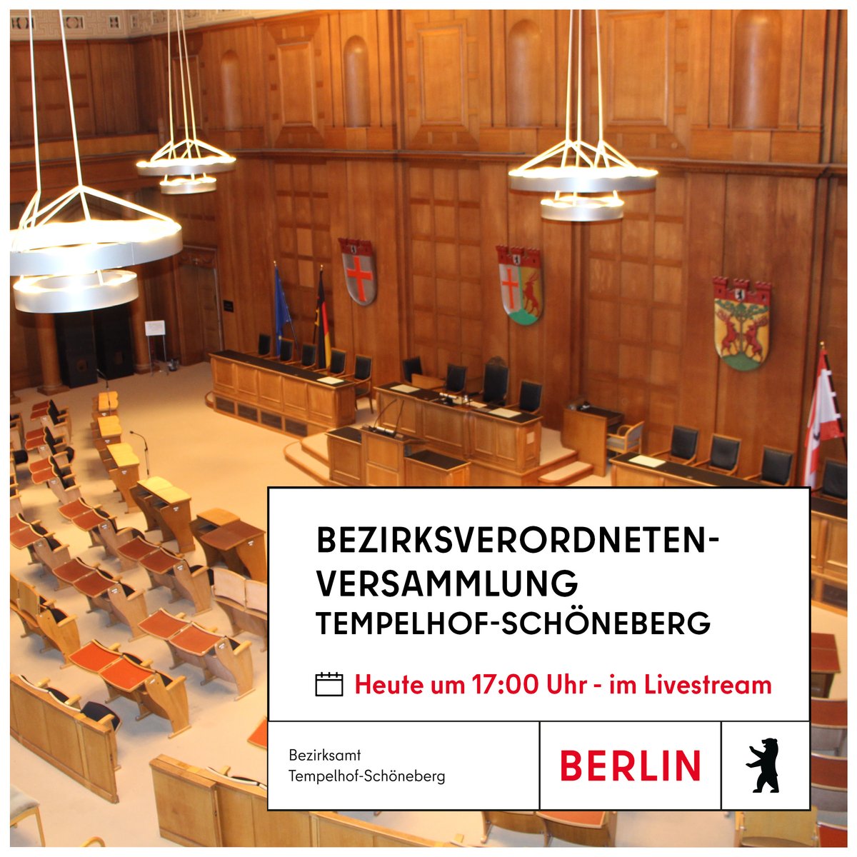 Heute findet um 17 Uhr die öffentliche Sitzung der Bezirksverordnetenversammlung #Tempelhof-#Schöneberg im BVV-Saal des #RathausSchöneberg statt.
💻 Sie können die Sitzung auch im #Livestream verfolgen. 🔗youtube.com/channel/UC7UGM…

Zur Tagesordnung ➡️berlin.de/ba-tempelhof-s…

#BVV