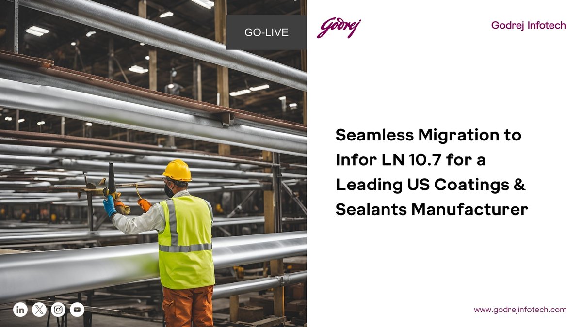 GodrejInfotech's tweet image. Godrej Infotech Ltd successfully facilitated the migration to #Infor LN 10.7 for a leading 𝗨𝗦-𝗯𝗮𝘀𝗲𝗱 𝗺𝗮𝗻𝘂𝗳𝗮𝗰𝘁𝘂𝗿𝗲𝗿 of #coatings and #sealants.
