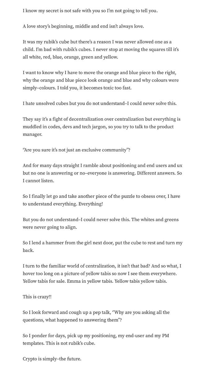 I know my secret is not safe with you so I’m not going to tell you.

A love story’s beginning, middle and end isn’t always love. It was my rubik’s cube but there’s a reason I was never allowed one as a child.👇

<a href="/thrivegiraffe/">Daniel Jacobs - Founder, Thrive Protocol</a> <a href="/thriveprotocol/">Thrive Protocol</a> #CryptoLoveStory