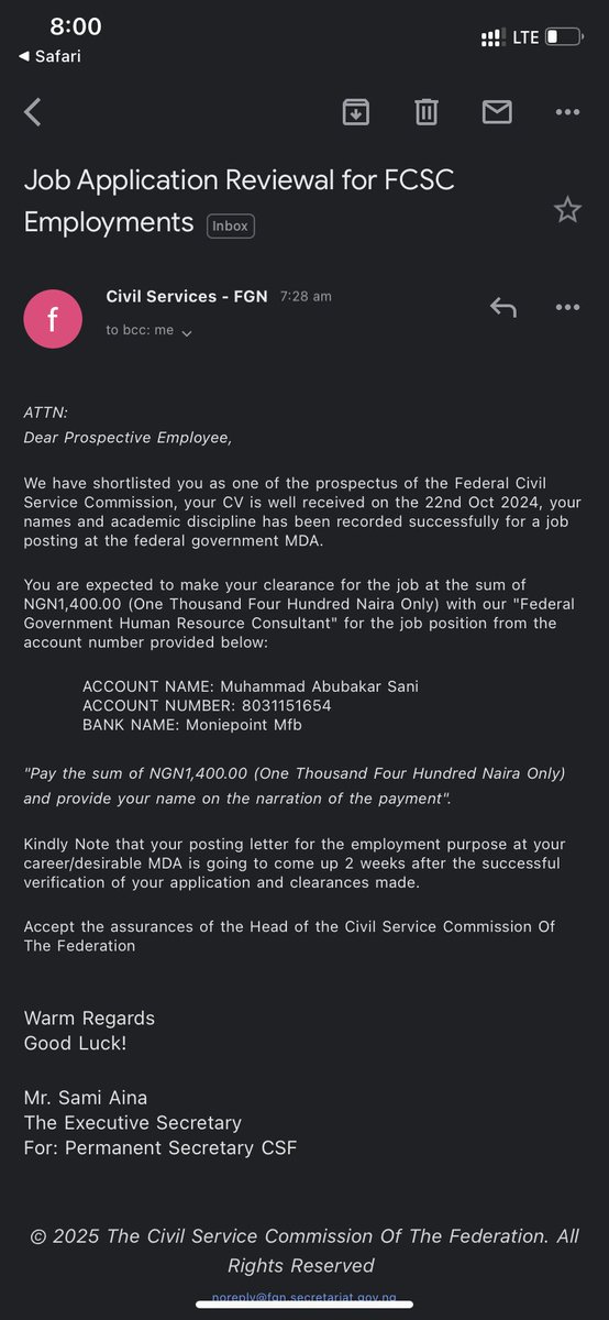 TobsDesigns's tweet photo. @fedcivilservice Please this is your notice @fedcivilservice someone  is trying to use your job recruitment to scam people. https://t.co/QKB6mnQ4l4