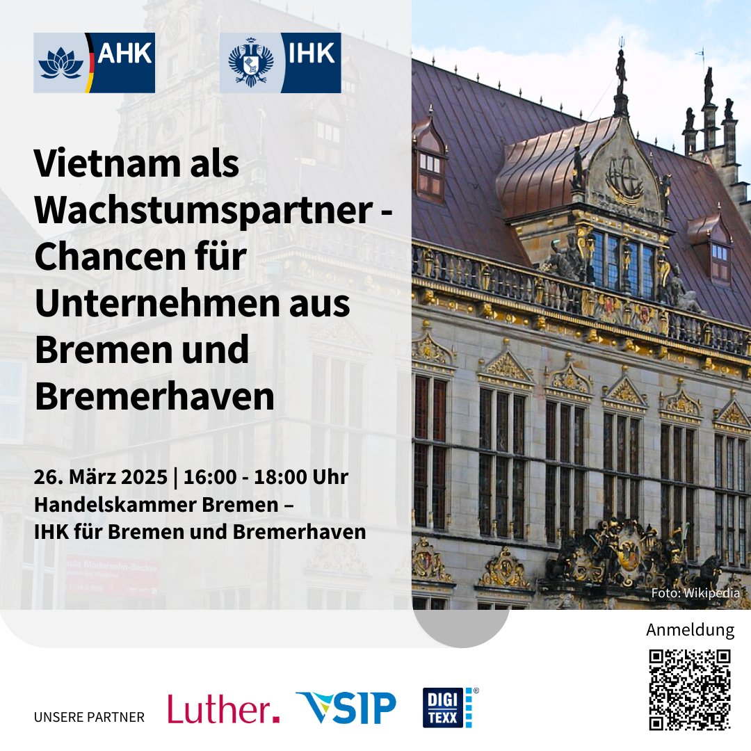 Vietnam als Wachstumspartner! Treffen Sie die AHK Vietnam persönlich in #Bremen &amp; entdecken Sie Geschäftschancen im boomenden vietnamesischen Markt!
26. März 2025 | 16:00 – 18:00 Uhr
Handelskammer Bremen
Jetzt anmelden: bit.ly/3CLgetv
#AHKVietnam #InvestierenInVietnam