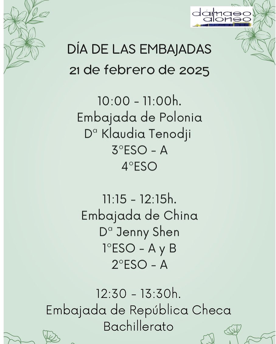Este viernes se celebrará en nuestro Centro el Día de las Embajadas. Asistirán diplomáticos de Polonia, China y República Checa, los cuales harán una presentación de los países a los que representan. #DíadelasEmbajadas