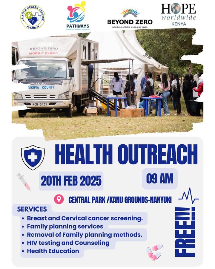 🚨 FREE HEALTH OUTREACH 🚨

📅 20th Feb 2025 | ⏰ 9:00 AM
📍 Central Park / Kanu Grounds, Nanyuki

Get free cancer screening, family planning, HIV testing &amp; more!
Tag a friend &amp; spread the word!
#HealthForAll #LaikipiaHealth #FreeMedicalServices