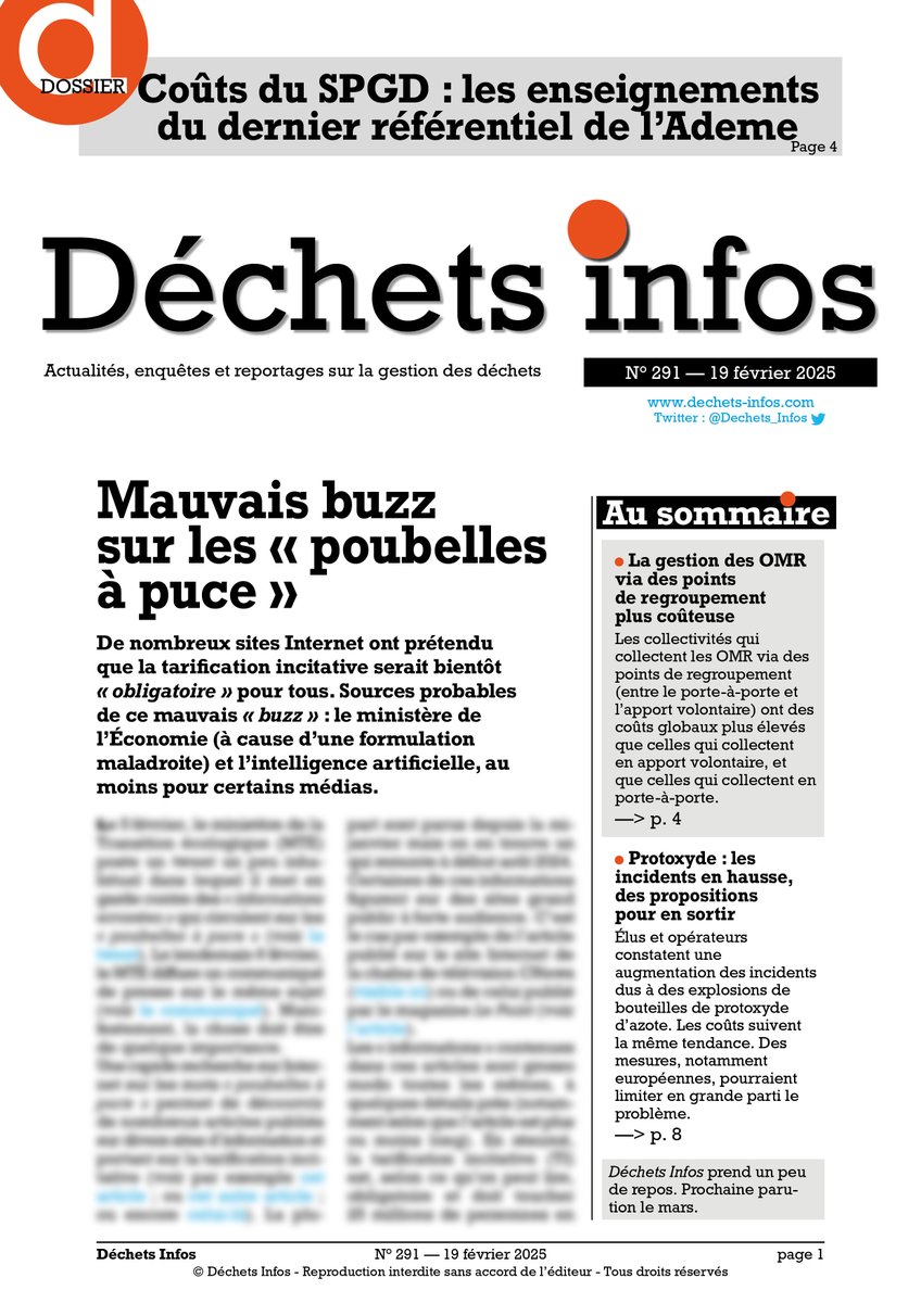 Déchets Infos n° 291 — 19 février 2025 - Poubelles à puce - Coût du service public des déchets - Bouteilles de protoxyde d'azote - tinyurl.com/2ctrtrt3