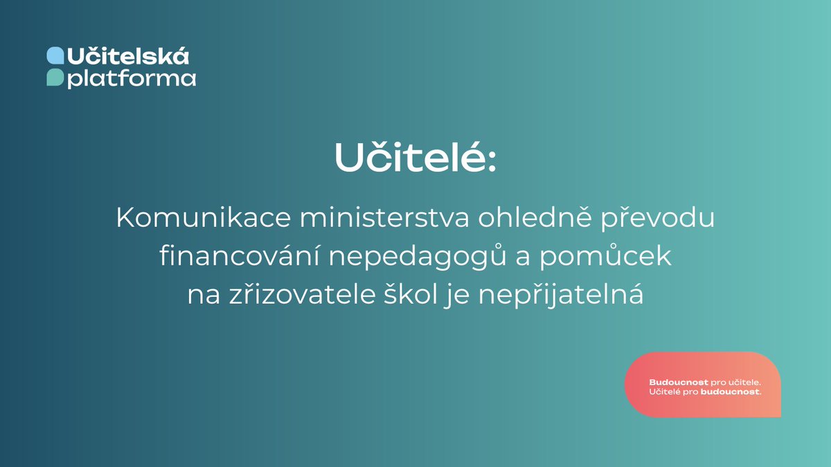 ‼️Změny ve financování nepedagogických zaměstnanců škol přináší zřizovatelům i školám a jejich zaměstnancům mnoho nejistoty. Současně přichází další změna, proti které se učitelé a ředitelé sdružení ve spolku Učitelská platforma důrazně vymezují: zřizovatelé budou nově hradit