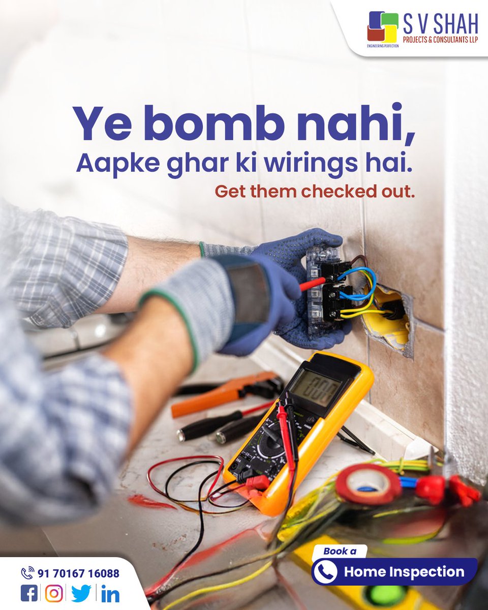 SVShahProjects's tweet image. Don’t wait for a spark to turn into a disaster! ⚡
Get your home wiring inspected today.

Call us at +91 70167 16088 or visit svshahconsultants.com.

#SafeHomes #HomeInspection #SVShahConsultants #SVShahProjectsandConsultants #HomeInspectionProcess #PropertyInspection