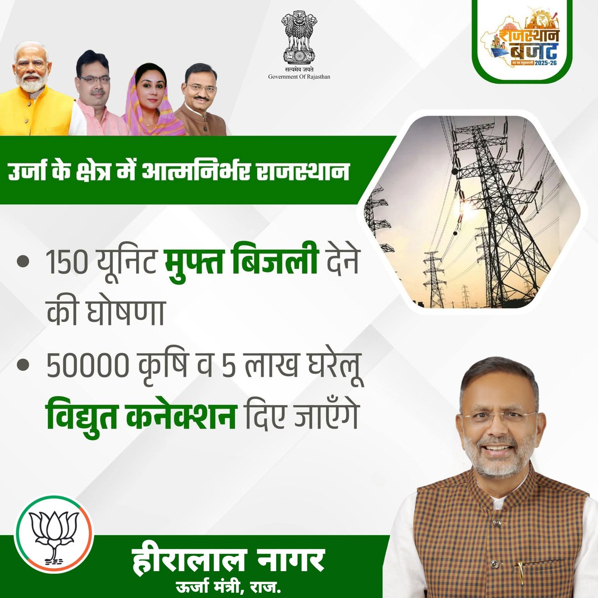 उर्जा के क्षेत्र में आत्मनिर्भर राजस्थान

• 150 यूनिट मुफ्त बिजली देने की घोषणा

• 50000 कृषि व 5 लाख घरेलू विद्युत कनेक्शन दिए जाएँगे

#RajasthanBudget #Budget2025 #ViksitRajasthan
#SamriddhiKaDiya #खुशहाल_राजस्थान_का_बजट