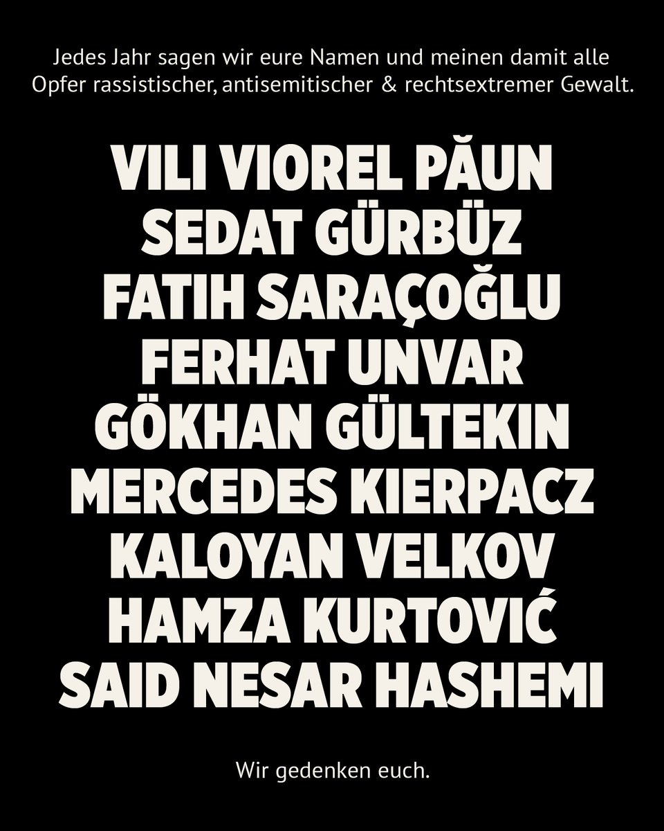 Am 19.02.2020 erschütterte der rassistische Terroranschlag in Hanau Deutschland. 
Wir werden die Namen der Opfer nicht vergessen. Ihre Namen sind uns Verpflichtung.

#SayTheirNames