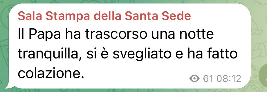 El #Papa ha transcurrido una noche tranquila, se ha despertado y ha desayunado.
Mensaje tranquilizador de <a href="/HolySeePress/">Holy See Press Office</a> , similar al transmitido cada mañana.