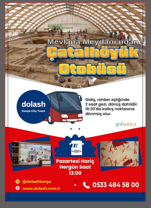 Çatalhöyük'ü görmeden, 12000 yıllık tarihe tanık olmadan Konya'yı gördüm demeyin. Kent hayatının başladığı yer; Karşılama Merkezi, Kazı alanı ve Örnek köy. Rehber eşliğinde gezip, görüp, hissedip anlayacaksınız.
Detaylı bilgi için : 05334845800
dolash.com.tr
#citytour