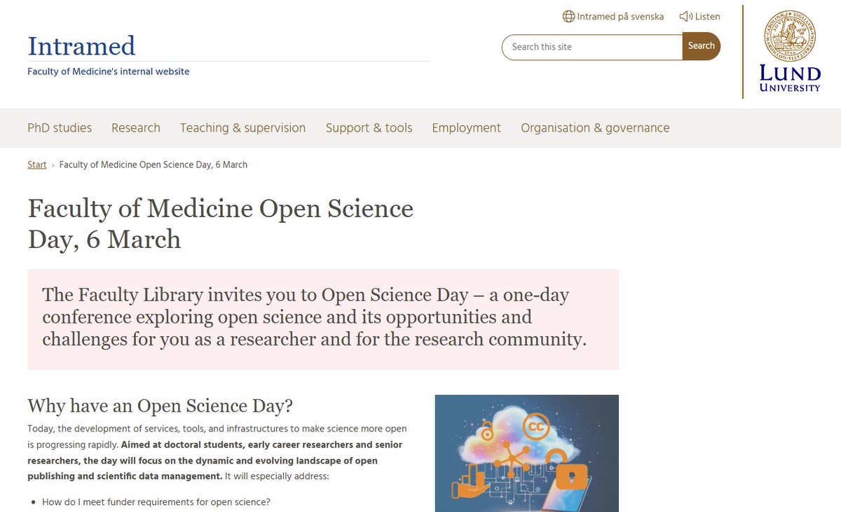 Medicinska fakulteten vid Lunds universitet bjuder in till en dag om #ÖppenVetenskap! Dagen är inriktad på forskare och doktorander inom medicin (hälsa) och är helt digital samt utan kostnad. För er på Hälsohögskolan kunde detta vara av intresse.
lnkd.in/dVBb7hDm