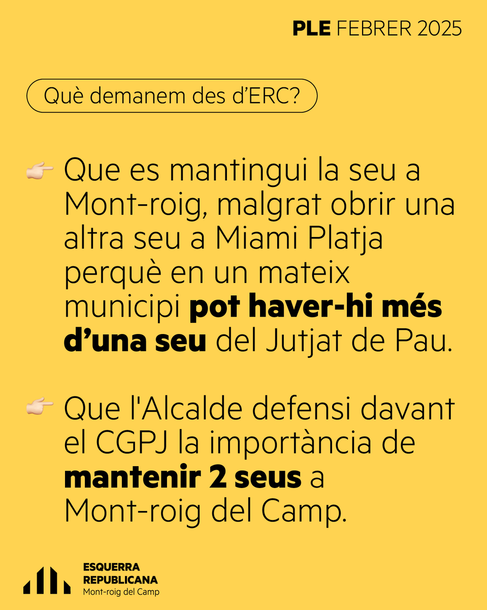 #PleFebrer | 💸 Al Ple #ordinari s'aprova ja la primera modificació de crèdit.

👉 Hi ha una #partida de 30.000 € per a obres d’adequació del #Jutjat de Pau a Miami Platja.

❓ Què demanem? Que es mantingui la seu a Mont-roig, per concentrar tots els  #serveis públics.