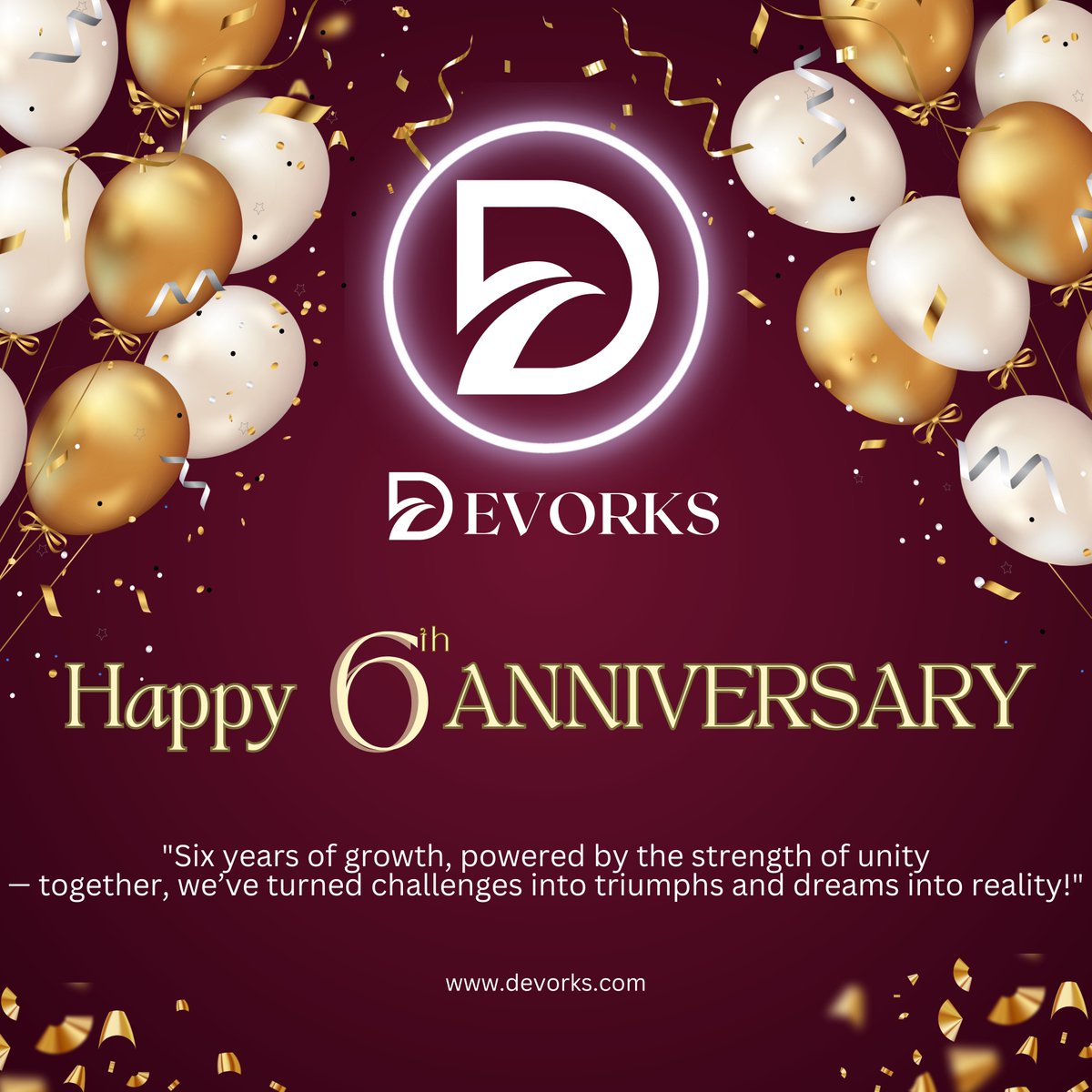 Devorks1's tweet image. 🎉Celebrating 6 Years of Excellence! 🎉

Today, 19th Feb 2025, Devorks Solutions is marking its 6th incredible year of innovation, growth, and success! Thank you to our amazing team, clients, and partners for being part of this journey.

Here&apos;s to many more milestones ahead!