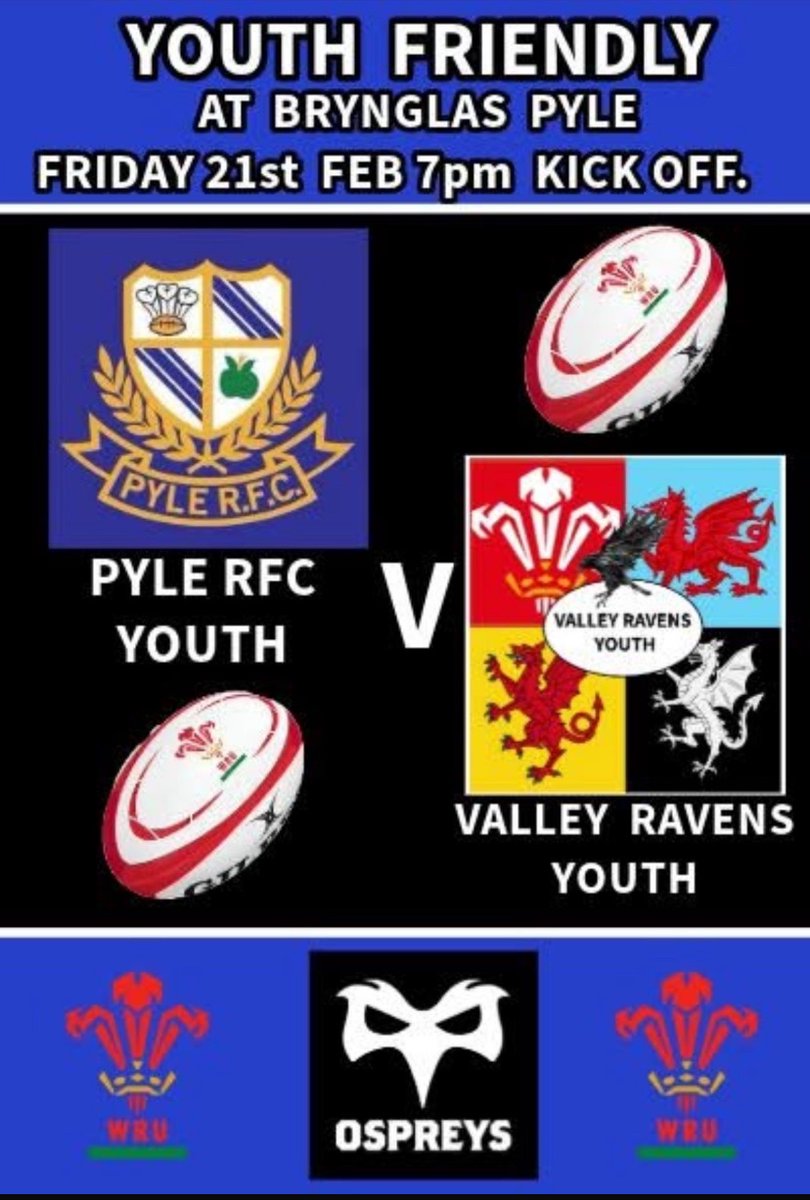 🦅🍏🍎YOUTH FIXTURE🍎🍏🦅
On Friday our youth section <a href="/valley_ravens/">Valley Ravens M&J</a> Youth travel to Brynglas to face Pyle Youth in a friendly, KO 7pm.
<a href="/OgmoreValeRFC1/">ogmore vale rfc</a> <a href="/AllWalesSport/">All Wales Sport</a> 
<a href="/Oz035/">Oz03</a>