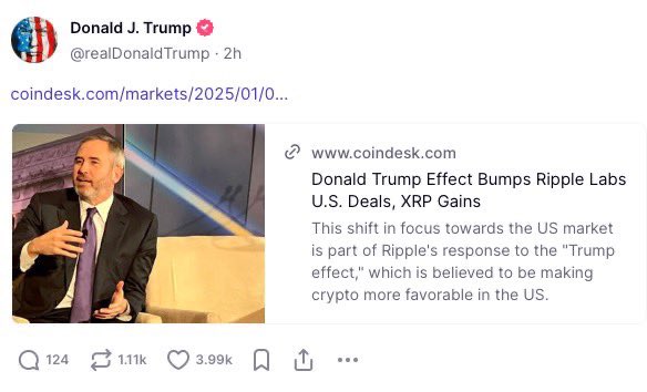 🚨 BREAKING: Donald Trump just shared an $XRP related article on his Truth Social account! 📢🔥 

Is this the crypto pivot we’ve been waiting for? 🚀👀 #XRP #Crypto #TrumpEffect