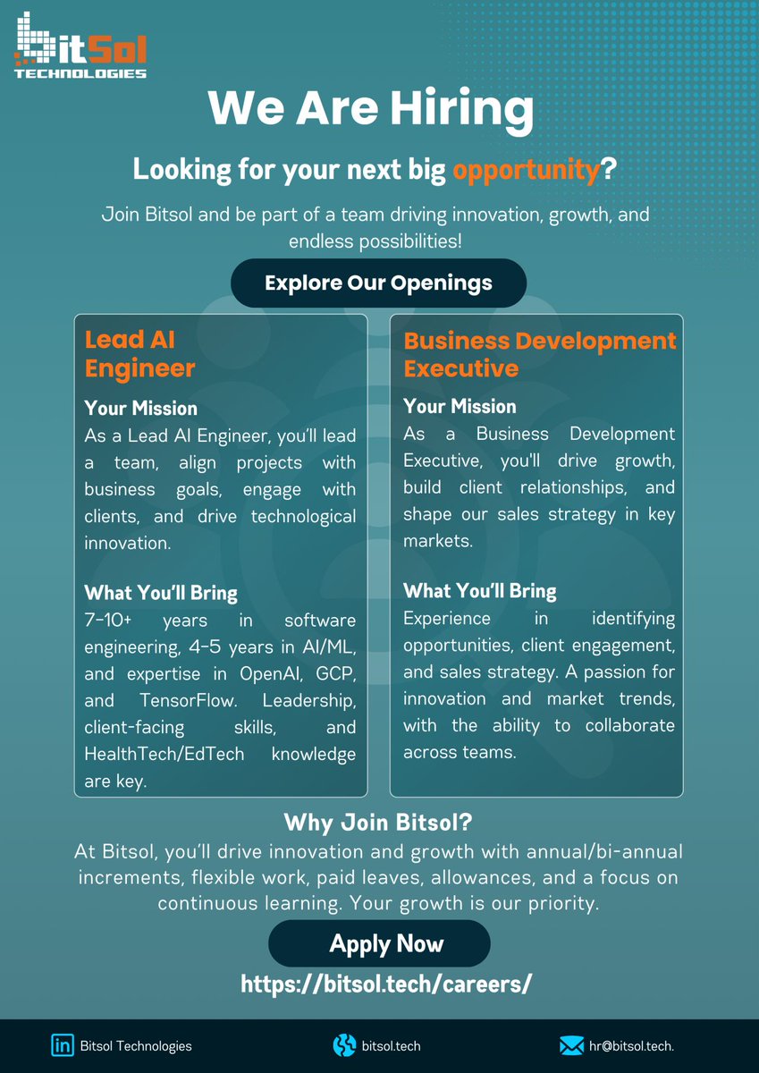 bitsoltech's tweet image. 𝗪𝗲&apos;𝗿𝗲 𝗛𝗶𝗿𝗶𝗻𝗴! 𝗝𝗼𝗶𝗻 𝗕𝗶𝘁𝘀𝗼𝗹 𝗧𝗲𝗰𝗵𝗻𝗼𝗹𝗼𝗴𝗶𝗲𝘀!

𝗔𝗽𝗽𝗹𝘆 𝗻𝗼𝘄 𝗮𝘁 lnkd.in/dndS-5gJ 𝗼𝗿 𝗿𝗲𝗳𝗲𝗿 𝘀𝗼𝗺𝗲𝗼𝗻𝗲 𝘄𝗵𝗼’𝗱 𝗯𝗲 𝗮 𝗴𝗿𝗲𝗮𝘁 𝗳𝗶𝘁! 𝗟𝗲𝘁’𝘀 𝗯𝘂𝗶𝗹𝗱 𝘁𝗵𝗲 𝗳𝘂𝘁𝘂𝗿𝗲 𝘁𝗼𝗴𝗲𝘁𝗵𝗲𝗿!

#Hiring #Islamabad