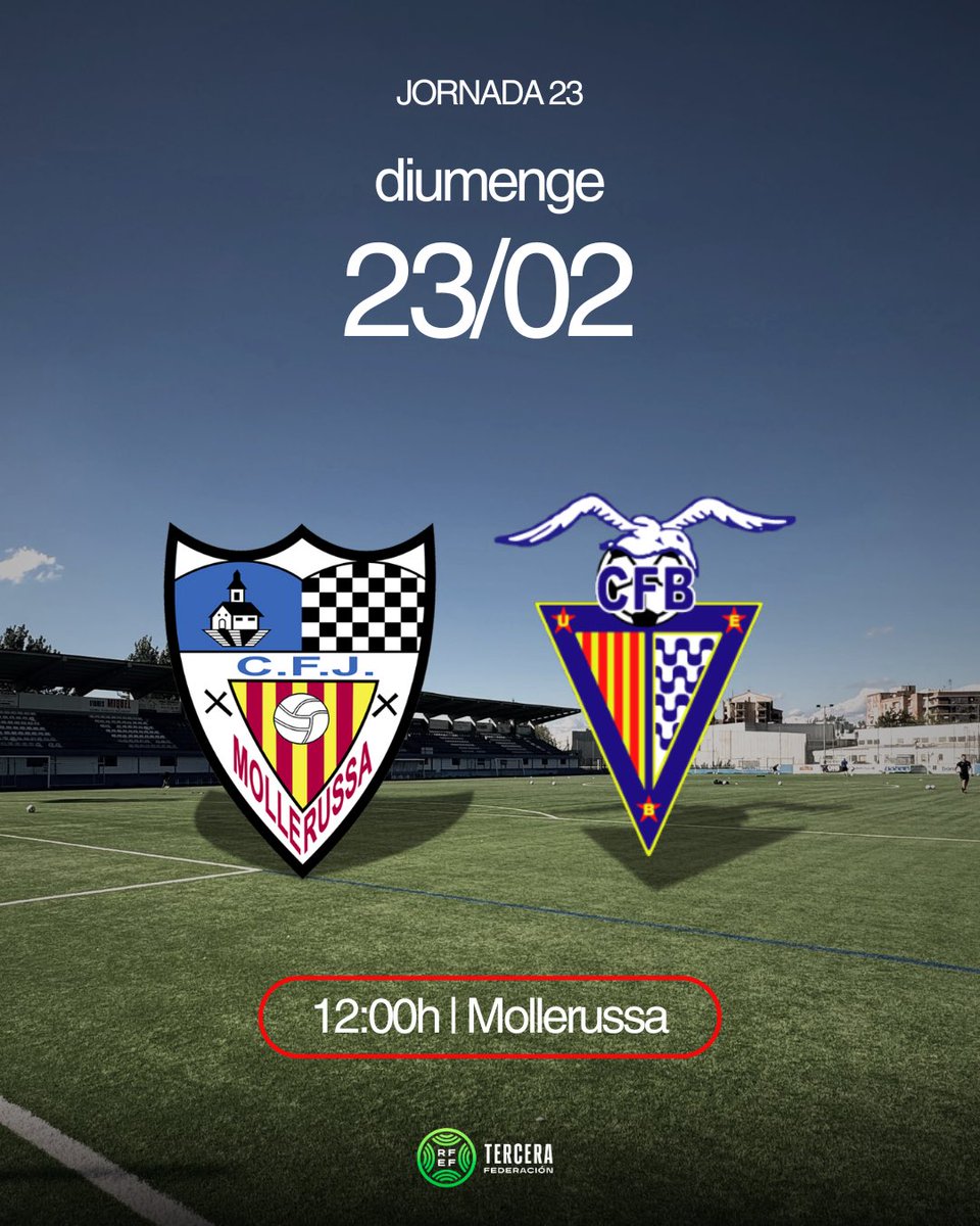 CFJ Mollerussa (@cfj_mollerussa) on Twitter photo 𝐉𝐎𝐑𝐍𝐀𝐃𝐀 𝟐𝟑
🗓 Diumenge, 23 de febrer a les 12:00h.
🆚 <a href="/cfbadalonasad/">CF Badalona SAD Oficial</a> | #MolleBadalona
🏟 Camp Municipal d'Esports de Mollerussa
#futbolcat #somelmolle #forçamolle 𝐉𝐎𝐑𝐍𝐀𝐃𝐀 𝟐𝟑
🗓 Diumenge, 23 de febrer a les 12:00h.
🆚 <a href="/cfbadalonasad/">CF Badalona SAD Oficial</a> | #MolleBadalona
🏟 Camp Municipal d'Esports de Mollerussa
#futbolcat #somelmolle #forçamolle