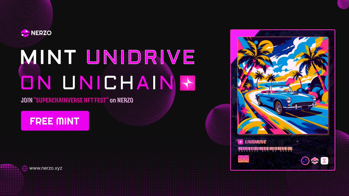 _nerzo_'s tweet image. SuperChainverse NFT Fest! ✨
Celebrate our 4th NFT on @unichain !
🔗Free Mint : nerzo.xyz/unidrive
👉RT🔄 & Comment Address