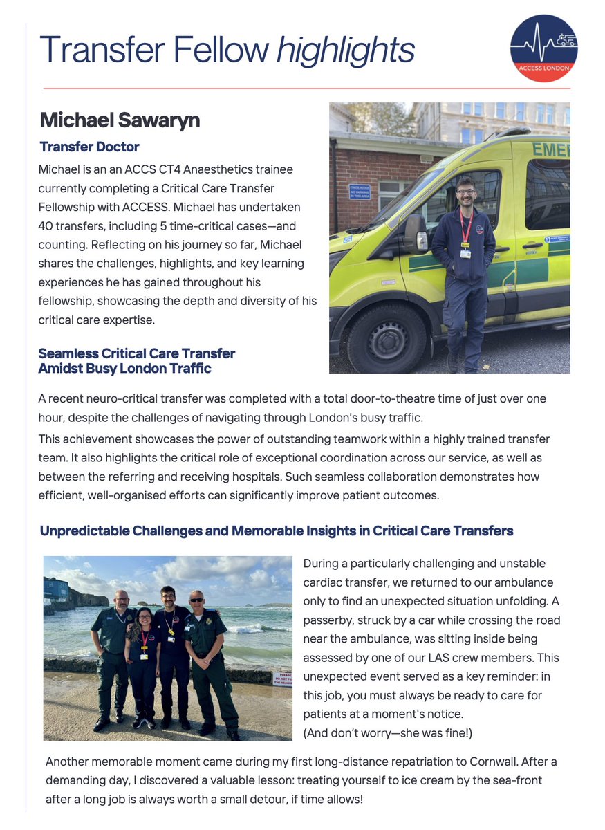 🚑 Interested in a fellowship with ACCESS? Hear from one of our transfer doctors, Michael, about his time with us.  Apply: bartshealth.nhs.uk/jobs#!/job/UK/…