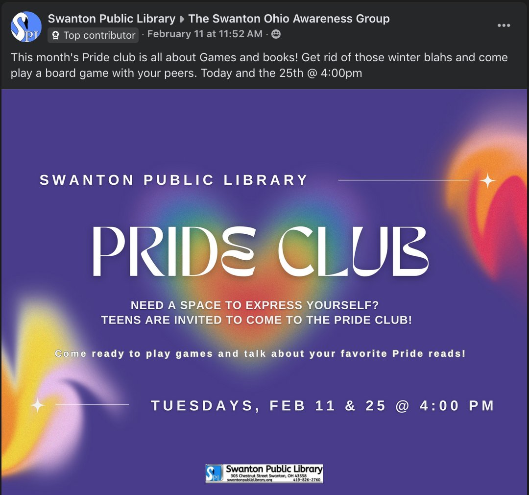 Toledodoge's tweet image. Send us anything in Lucas County where Woke Ideology and DEI is being pushed and especially on kids. The woke mind virus must die. 
Here is the Swanton Library pushing LGBT clubs alongside cosplay events for teens. Sick!