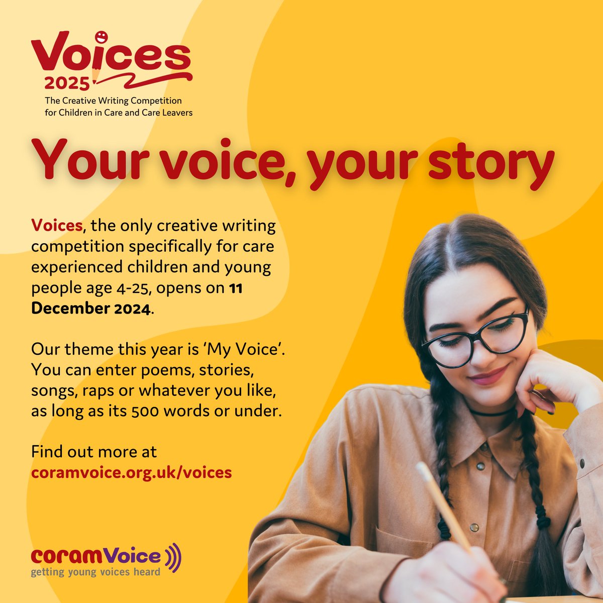 📢✨ We’ve had loads of brilliant entries so far for our Voices Creative Writing Competition.

If you haven’t submitted yet, don’t miss your chance… you’ve got to be in it to win it! 💡✍️

coramvoice.org.uk/get-involved/v…

 #CreativeWriting #Voices2025 #GetInvolved #CareExperience