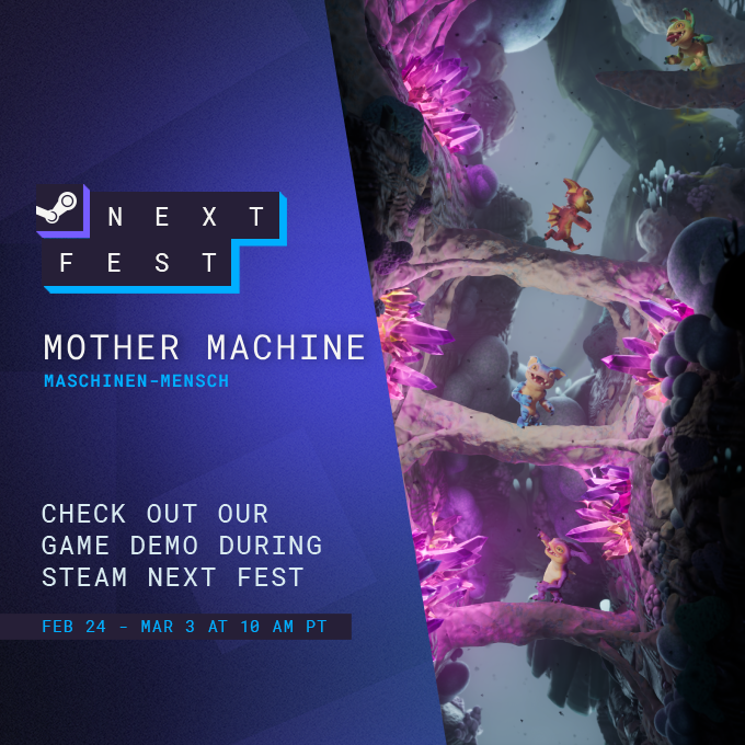 💥 #MotherMachine is part of #SteamNextFest! 💥
Launching our online multiplayer demo on Monday 24th Feb.
Be there, or be a disappointment to Mother 😔