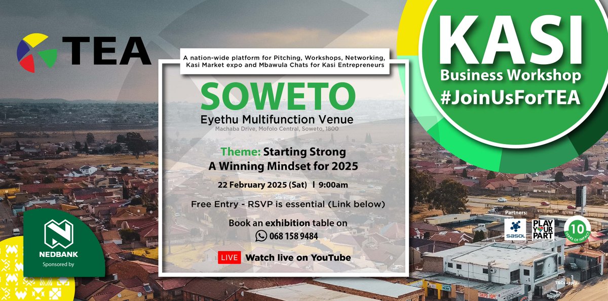 Play Your Part (@playyourpartsa) on Twitter photo Are you a Soweto-based entrepreneur?
<a href="/JoinUsForTEA/">#JoinUsForTEA</a> at the Kasi Business Workshop in Soweto on Saturday 22 February 2025. Under the theme, "Starting Strong: A Winning Mindset for 2025!", this session will unpack how to build a strong mental and strategic foundation for the year. Are you a Soweto-based entrepreneur?
<a href="/JoinUsForTEA/">#JoinUsForTEA</a> at the Kasi Business Workshop in Soweto on Saturday 22 February 2025. Under the theme, "Starting Strong: A Winning Mindset for 2025!", this session will unpack how to build a strong mental and strategic foundation for the year.