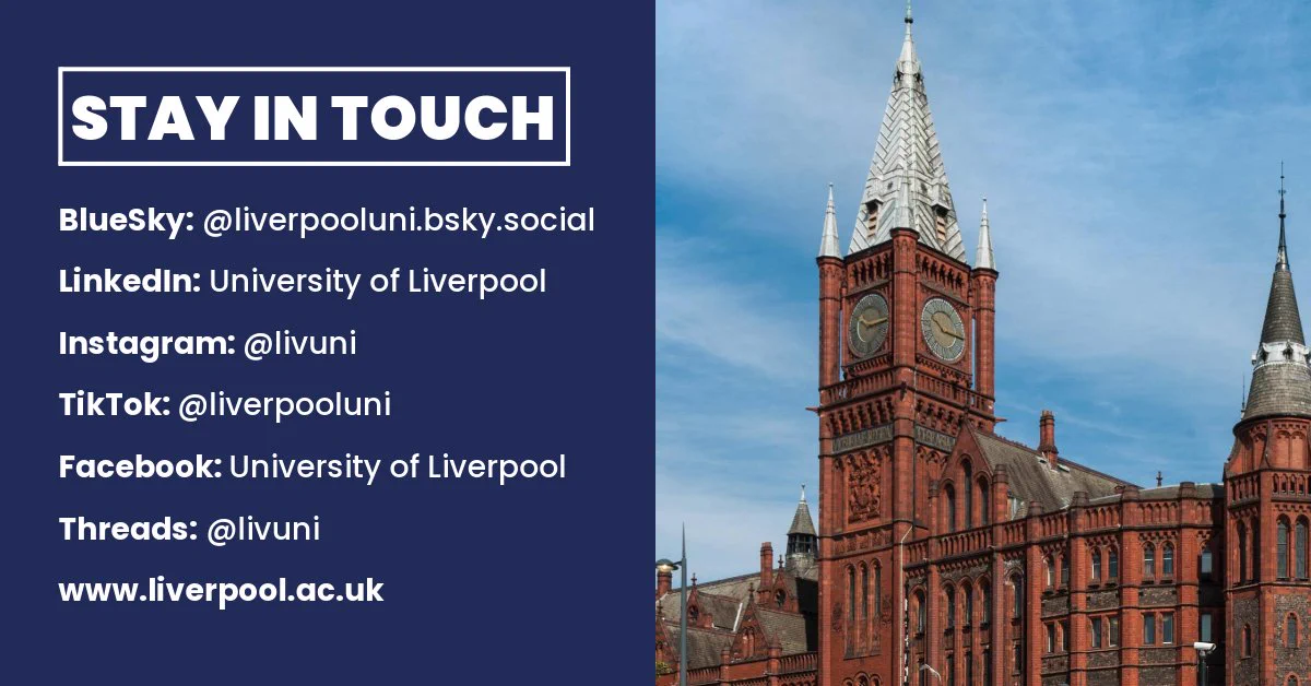 Stay in touch information for the University of Liverpool with social media handles and website on the left; a photo of the Victoria Gallery and Museum on the right.
