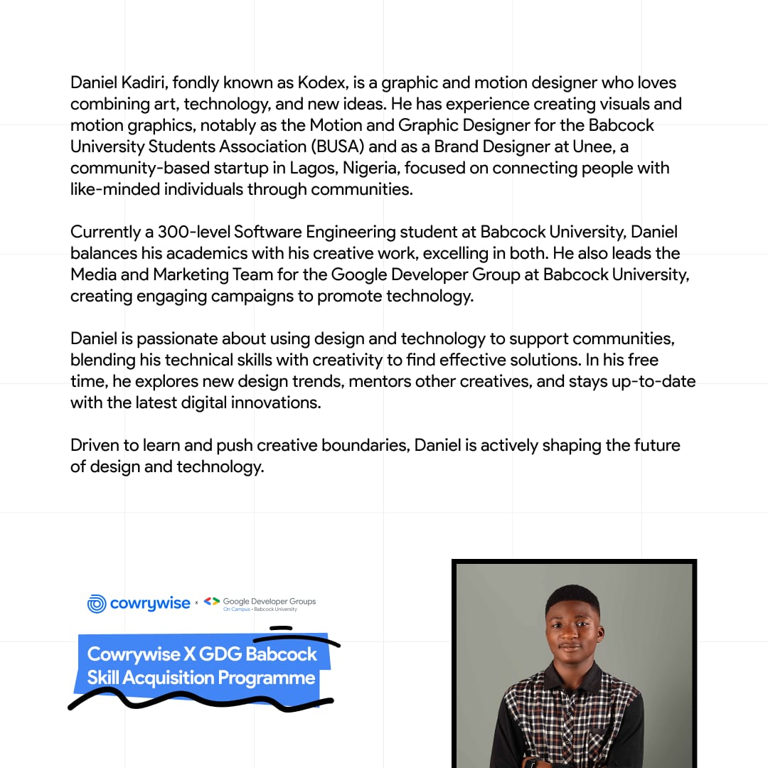 Interested in understanding the crux of Graphic Design? Join our Media and Marketing lead <a href="/kodexthecreator/">Kodex™🚀</a> by 7:00pm 23rd February as he walks you through

Register for the Cowrywise x Google Developer Groups (Babcock) Skill Acquisition Programme today!

bit.ly/CWxGDG-SAP