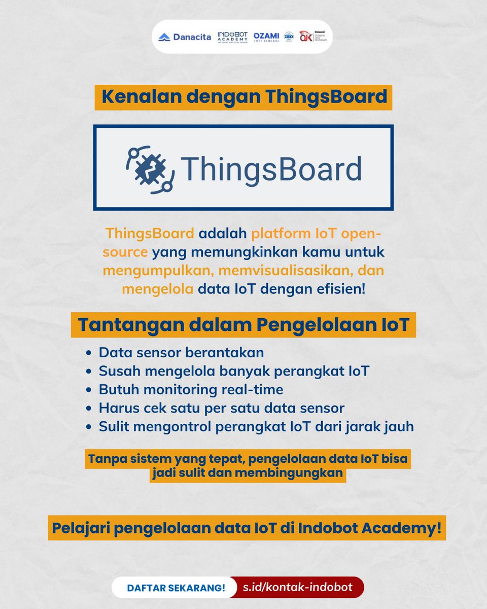 IndobotAcademy's tweet photo. Optimalkan pengelolaan IoT dengan ThingsBoard! 🚀 
Monitoring, analisis, dan kontrol jadi lebih mudah. 
Daftarkan Dirimu sekarang! 🔗 https://t.co/29GmEcKbW8 

#IoT #ThingsBoard #BootcampIoT #IndobotAcademy https://t.co/MNOprcowp2