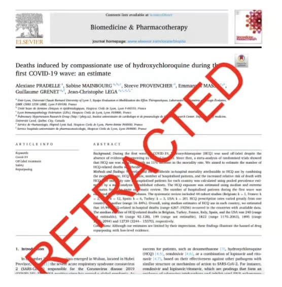 🚨🇺🇸STUDY CLAIMING 17,000 HYDROXYCHLOROQUINE DEATHS RETRACTED

A major anti-hydroxychloroquine (HCQ) study, published in Biomedicine and Pharmacotherapy under Dr. Danyelle Townsend’s oversight, has been retracted after its dataset was exposed as unreliable - if not outright
