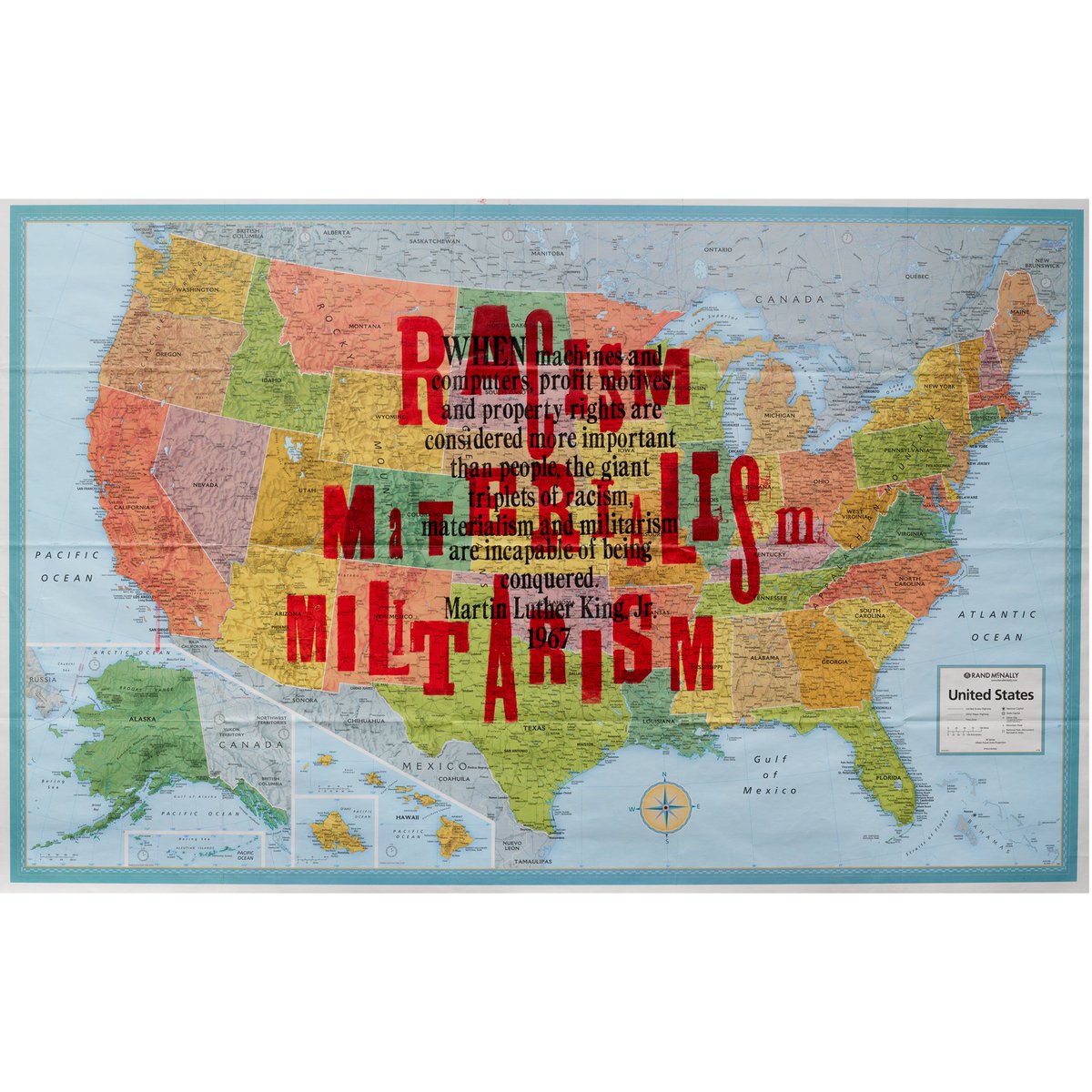 Amos Paul Kennedy, Jr.; Racism, Materialism, Militarism; letterpress on map, Detroit, 2014.

Citizen Printer is open through March 16 at Letterform Archive. Visit, see the online exhibition, buy the book: letterformarchive.org/news/amos-paul…

#Printing #Letterpress #BlackHistoryMonth