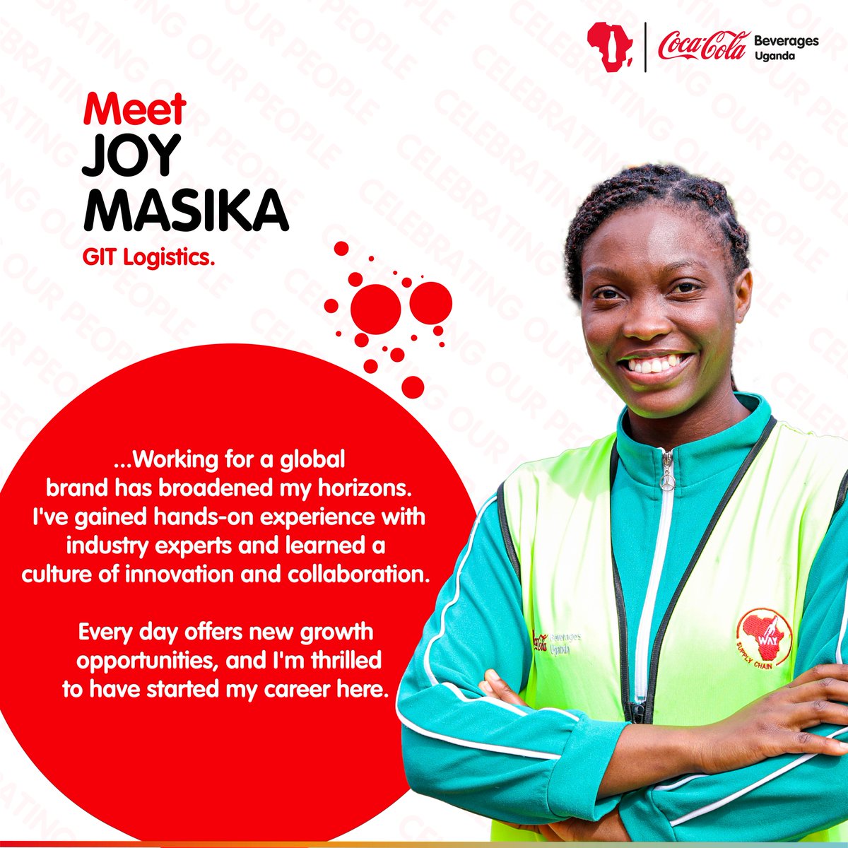 At Coca-Cola Beverages Uganda, we don’t just build careers; we empower future leaders.​

Meet Joy Masika, a graduate trainee in logistics at Coca-Cola Beverages Uganda! Her journey has been filled with innovation, agility, and collaboration as she works on real projects alongside