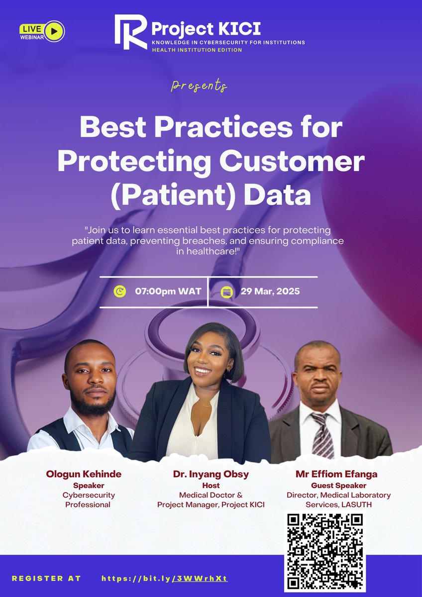 DrObsy_Etoilep's tweet image. Did you know you have the right to know how your personal &amp;amp; medical information is handled in health institutions?
Join our webinar on March 29, 2025, @ 7:00 PM WAT for this essential conversation.

Register now: bit.ly/3WWrhXt

#PatientDataRights #HealthDataProtection