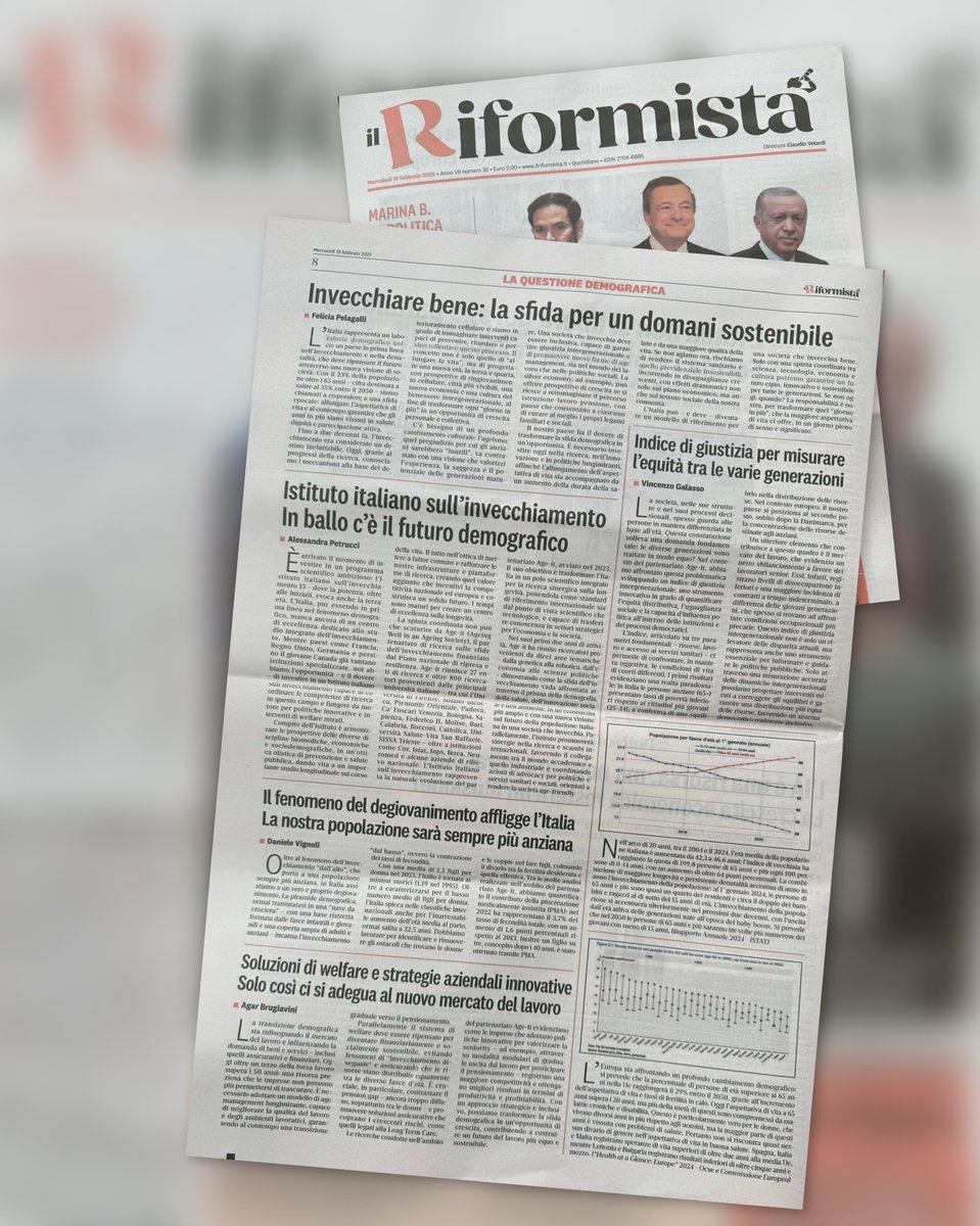 FeliciaPelagall's tweet photo. 𝗟𝗮 𝗾𝘂𝗲𝘀𝘁𝗶𝗼𝗻𝗲 𝗱𝗲𝗺𝗼𝗴𝗿𝗮𝗳𝗶𝗰𝗮
Oggi a tutta pagina sul quotidiano @ilriformista
🔸#AlessandraPetrucci
🔸#FeliciaPelagalli
🔸#VincenzoGalasso
🔸#DanieleVignoli
🔸#AgarBrugiavini
👉 In edicola e su https://t.co/ip8VSM5L9s
#AgeIt #Istituto #Invecchiamento https://t.co/o2188nSkpc