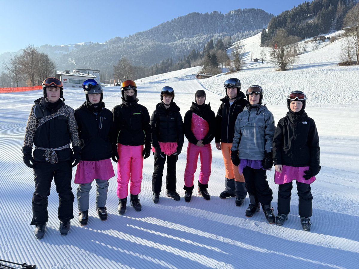 🎉Day 4. Bluebird ski morning 💪. Staff wiped out. Y10 boys exiled—wrongfully. Traitors still carving turns. Huge ski day ahead. Let’s go ☀️⛷️