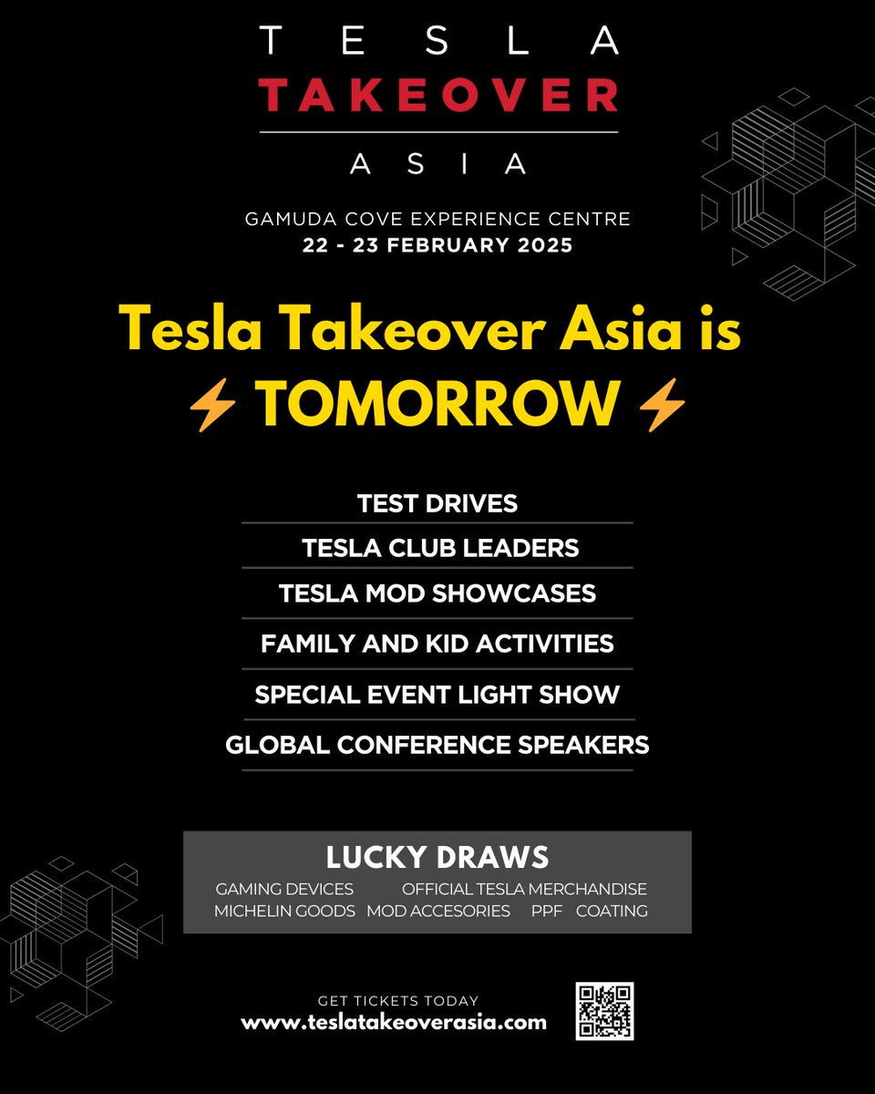 TeslaTakeoverAP's tweet photo. 🔥 Tesla Takeover Asia is TOMORROW! 🔥
🚗⚡️ Get ready for an electrifying weekend at Gamuda Cove!

📅 EVENT TIMINGS:
🗓 22 Feb (Sat): 10:00 AM – 8:30 PM
🗓 23 Feb (Sun): 9:00 AM – 3:30 PM
📍 Gamuda Cove Experience Gallery, Malaysia

✅ Quick Checklist for Tomorrow:
🎫 Check-in: 10:00 AM (Sat) | 9:00 AM (Sun) – Collect your wristband & lucky draw passport 🍀
🎟 Upgrade to Paid Supporter – Unlock premium lucky draws, VIP conference access & networking perks
👕 Limited Edition T-Shirt – RM 50 at registration
🚗 Tesla Light Show Formation (22 Feb) – Park early (from 10 AM) & enjoy the event!
☂️ Weather-Ready – Bring an umbrella & cap
🚗 JPJePlate Appointments – Don’t miss your slot with Exotic Mods
🥤 Stay Hydrated – Bring a bottle & grab a 30% off Starbucks tumbler
📖 Programme, Parking & Directions: 🔗 https://t.co/hWl2e7Yve6

🙏 This non-profit event is powered by passionate Tesla volunteers! Thank you for your support!

⚡️ See you tomorrow! 🚀

#TeslaTakeoverAP #TeslaTakeover #Tesla #KL #GamudaCove #Malaysia