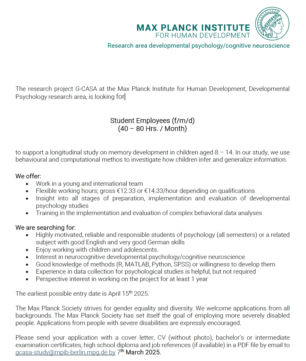 Ondrej Zika (@ondrejzika) on Twitter photo 🚨 We are hiring in Berlin 💫 Pls RT 🙏
We <a href="/Zoe_Chi_Ngo/">Zoe Ngo</a> <a href="/e_buchberger/">Elisa Buchberger</a> <a href="/LLuettgau/">Lennart Luettgau</a> are looking a motivated research assistant to contribute to our ongoing study on inference and generalization in 8-14 year olds.
Feel free to reach out to me directly. 🚨 We are hiring in Berlin 💫 Pls RT 🙏
We <a href="/Zoe_Chi_Ngo/">Zoe Ngo</a> <a href="/e_buchberger/">Elisa Buchberger</a> <a href="/LLuettgau/">Lennart Luettgau</a> are looking a motivated research assistant to contribute to our ongoing study on inference and generalization in 8-14 year olds.
Feel free to reach out to me directly.