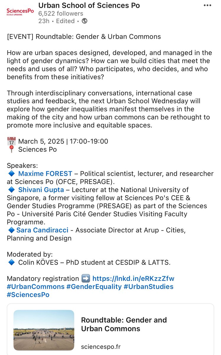 Shivani Gupta (@shivi90) on Twitter photo I am thrilled and honored to present on urban commons and gender at the Urban School of Sciences Po with incredible Maxime FOREST and <a href="/SCandiracci/">sara candiracci</a> on March 5th, 2025. The roundtable will examine spatialities and marginalized gender and sexual communities exclusion in urban I am thrilled and honored to present on urban commons and gender at the Urban School of Sciences Po with incredible Maxime FOREST and <a href="/SCandiracci/">sara candiracci</a> on March 5th, 2025. The roundtable will examine spatialities and marginalized gender and sexual communities exclusion in urban